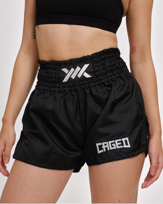 Calções de Muay Thai Caged Classic – Preto/Branco, mulher