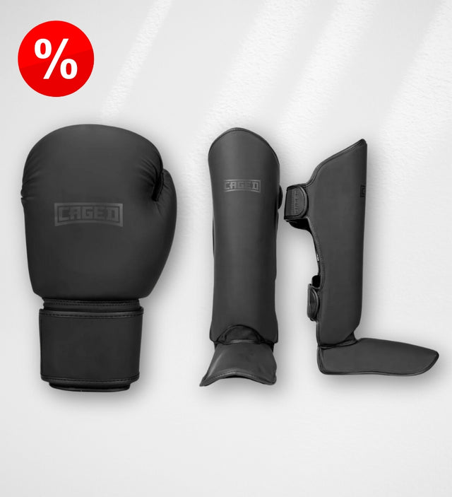 Conjunto Caged Shadow – Luvas de boxe + Caneleiras