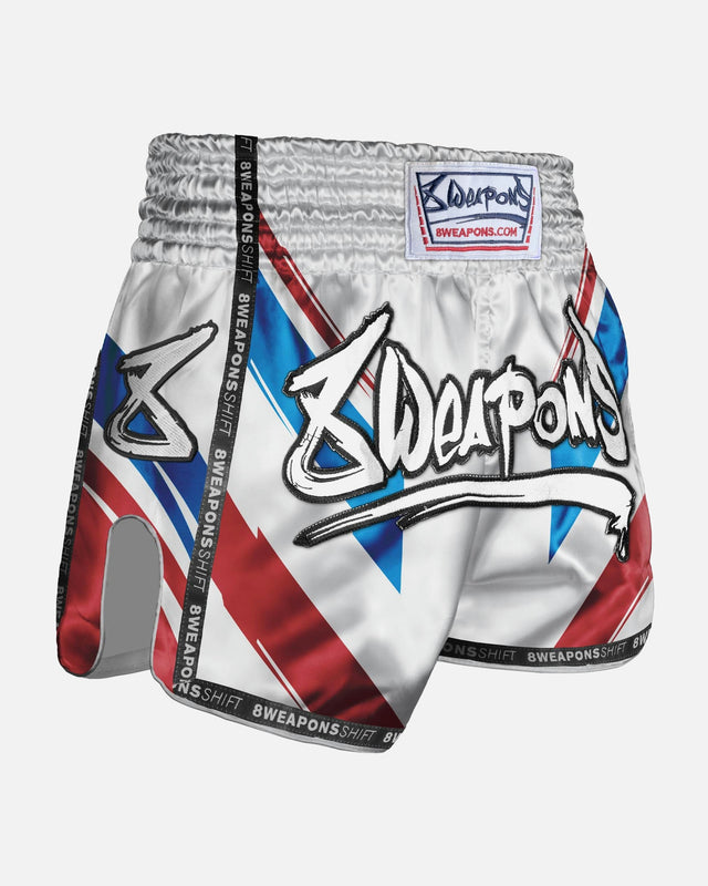 8 WEAPONS Muay Thai-shorts Shift – Vit/Marinblå/Röd