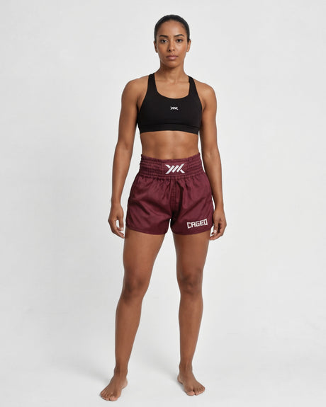 Caged Muay-Thai-Shorts Classic – Bordeaux-Rot/Weiß Damen