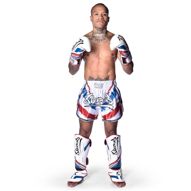 Muay Thai trenky 8 WEAPONS Shift – Bílé/Tmavě modré/Červené