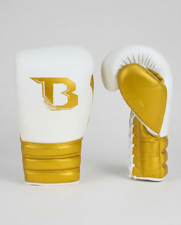 Guantoni da boxe Booster Rapid Strike con allacciatura a lacci – Bianco/Oro