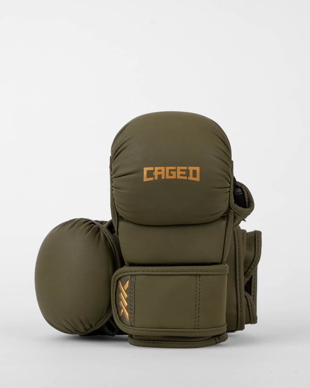 Rękawice MMA sparingowe Caged Shadow – Khaki/Złote