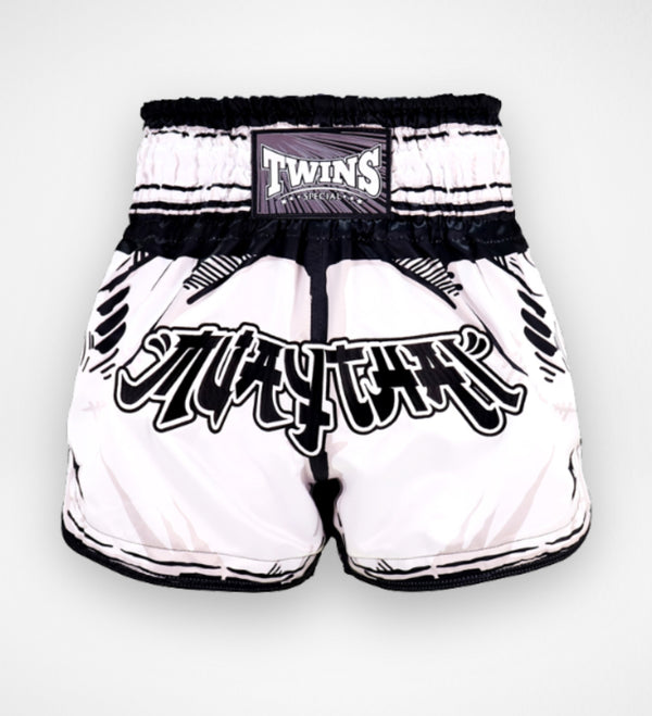 Twins Muay-Thai-Shorts TTBL Comic – Weiß/Schwarz