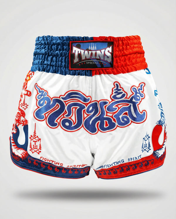 Twins Muay-Thai-Shorts TTBL Yant – Weiß/Blau/Rot