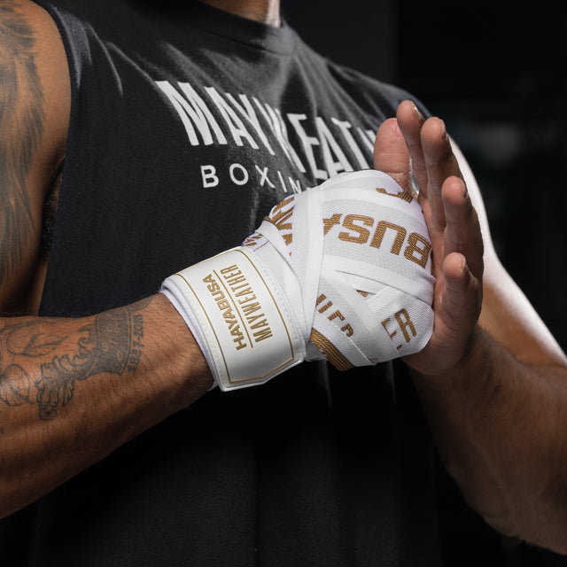 Bende da boxe Hayabusa x Mayweather Deluxe – Bianco/Oro