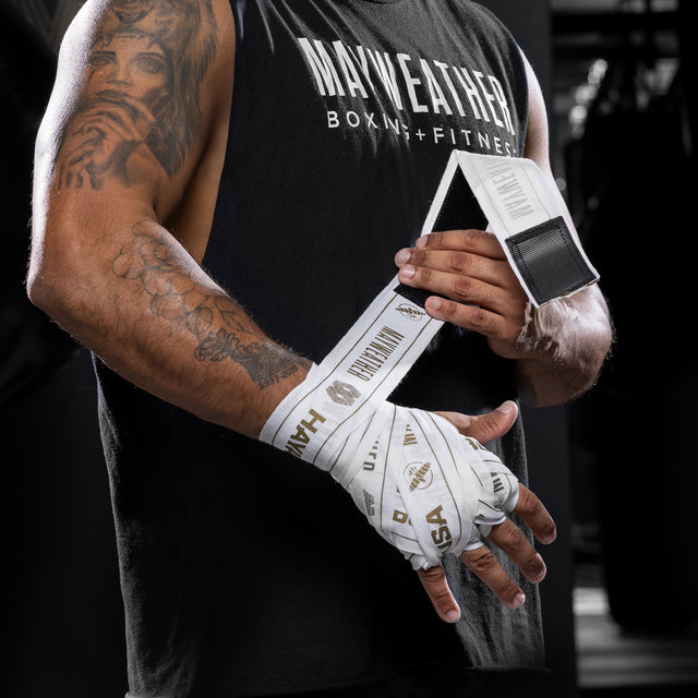 Bandes de boxe Hayabusa x Mayweather Stretch – Blanc/Or